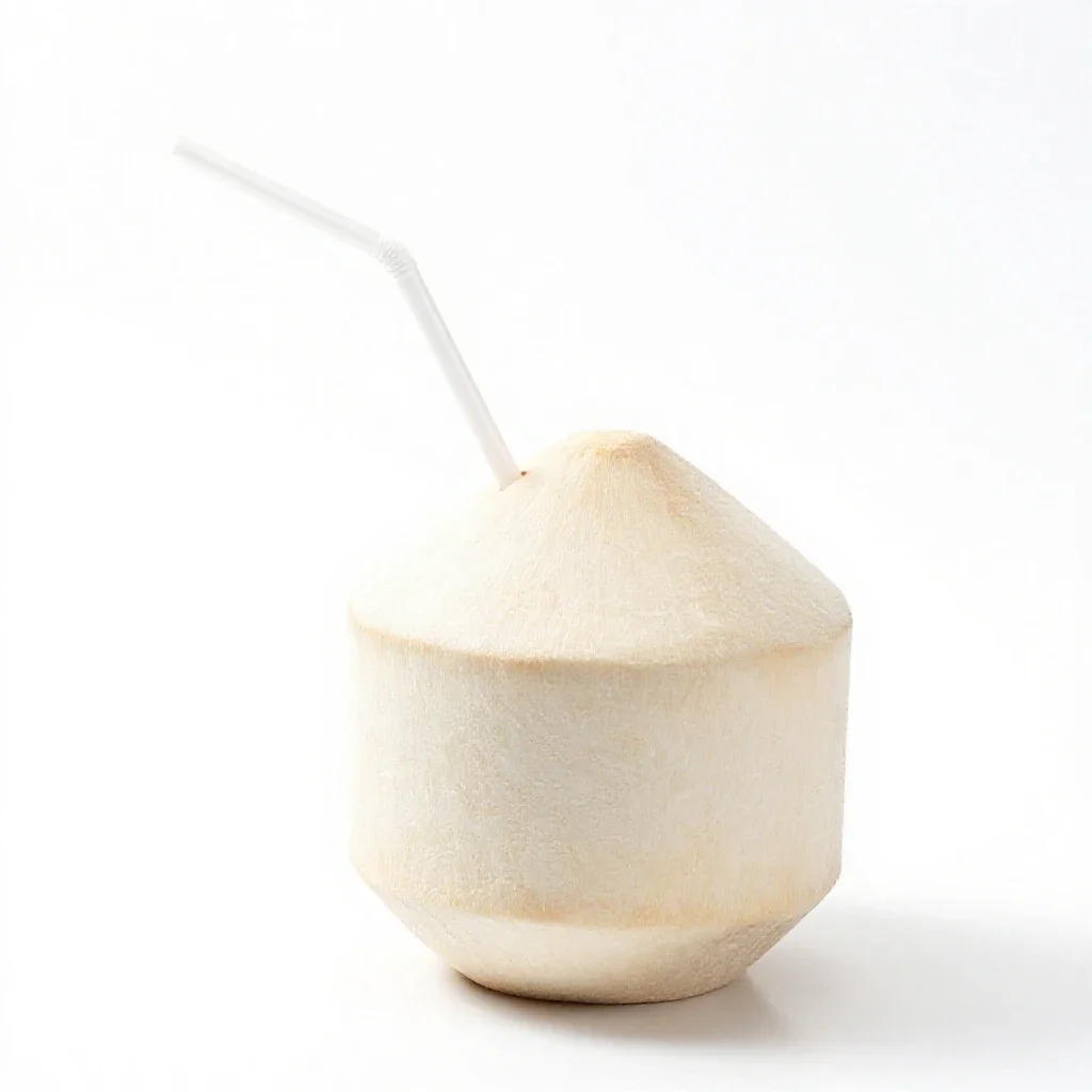 Fresh coconut with a straw isolated on a white background