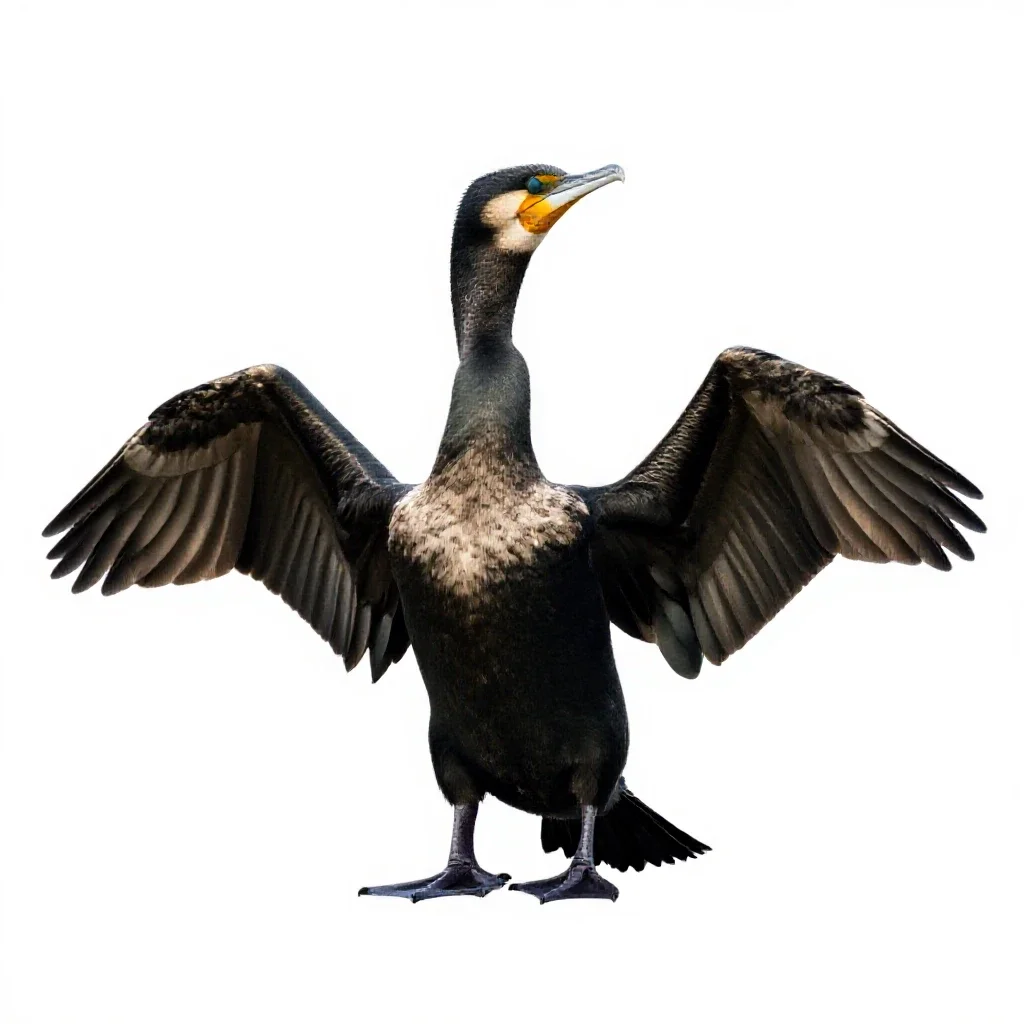 Cormorant drying its wings isolated on a white background