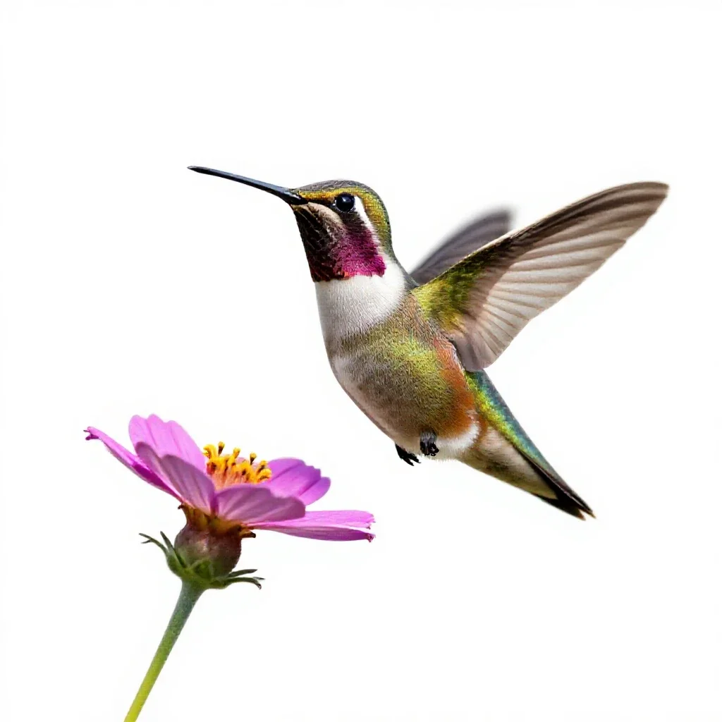 Hummingbird at a flower isolated on a white background