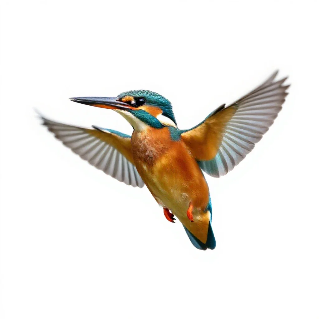 Kingfisher hovering isolated on a white background