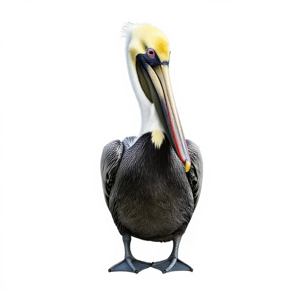 Pelican with its pouch full isolated on a white background