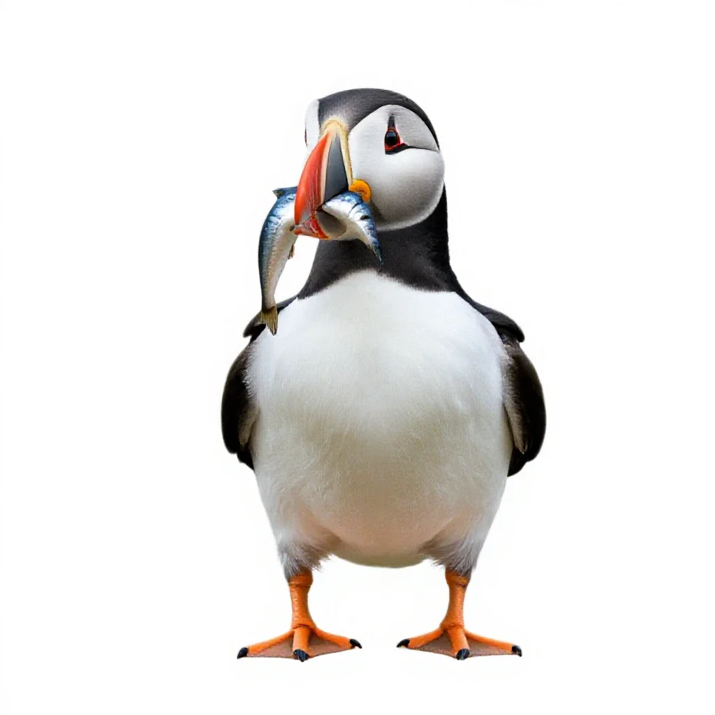 Puffin with a beakful of fish isolated on a white background
