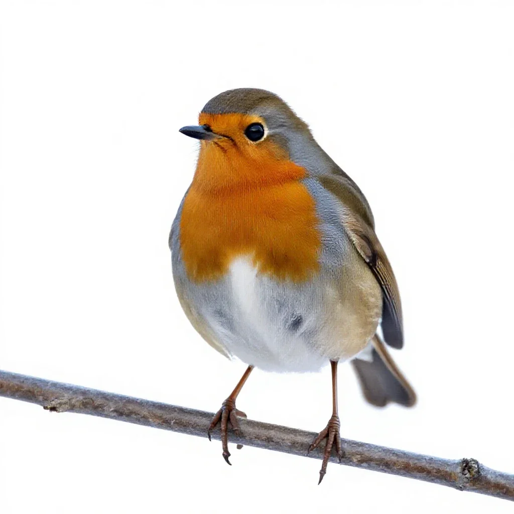 Robin on a frosted branch isolated on a white background