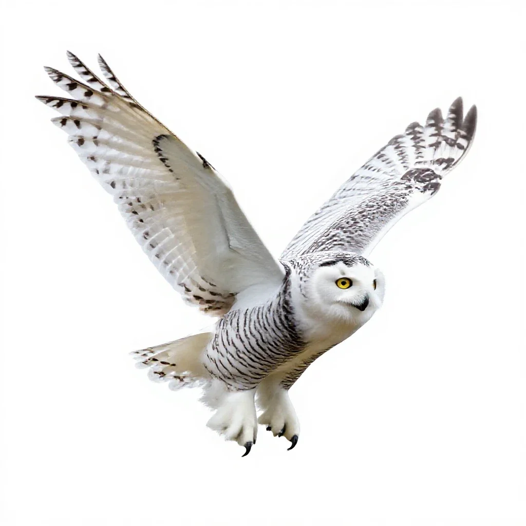 Snowy owl in flight isolated on a white background