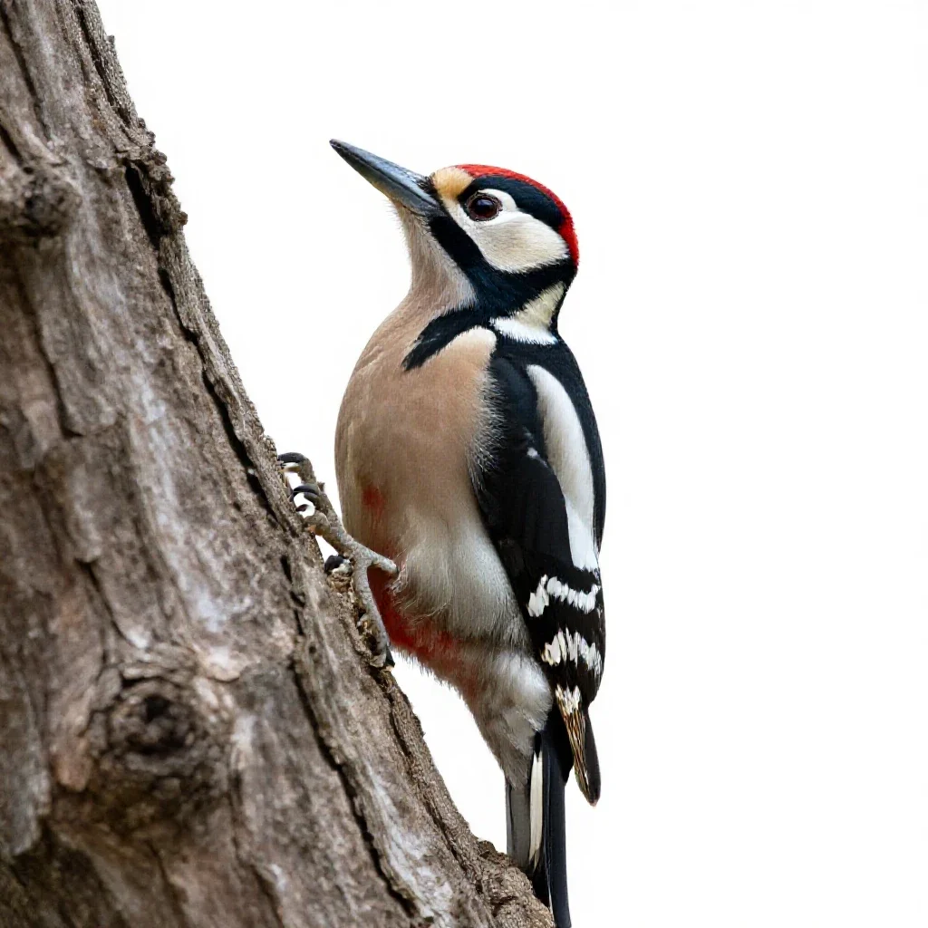 Woodpecker on bark isolated on a white background