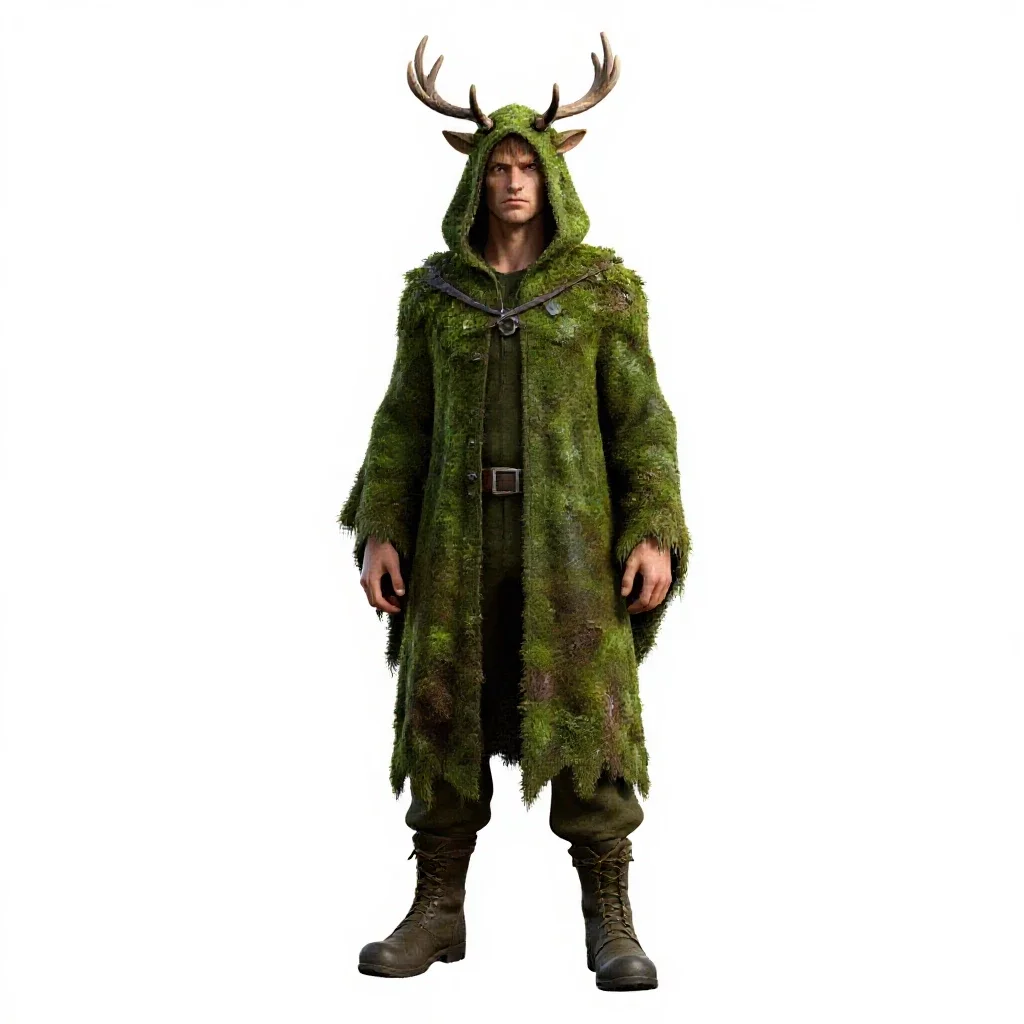 Druid cloaked in moss and antlers isolated on a white background
