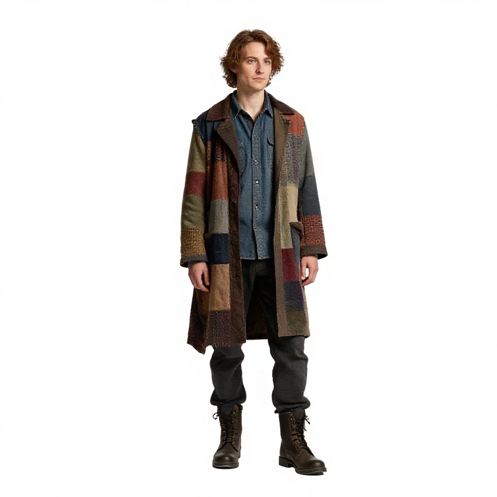 Fae trickster in patchwork isolated on a white background