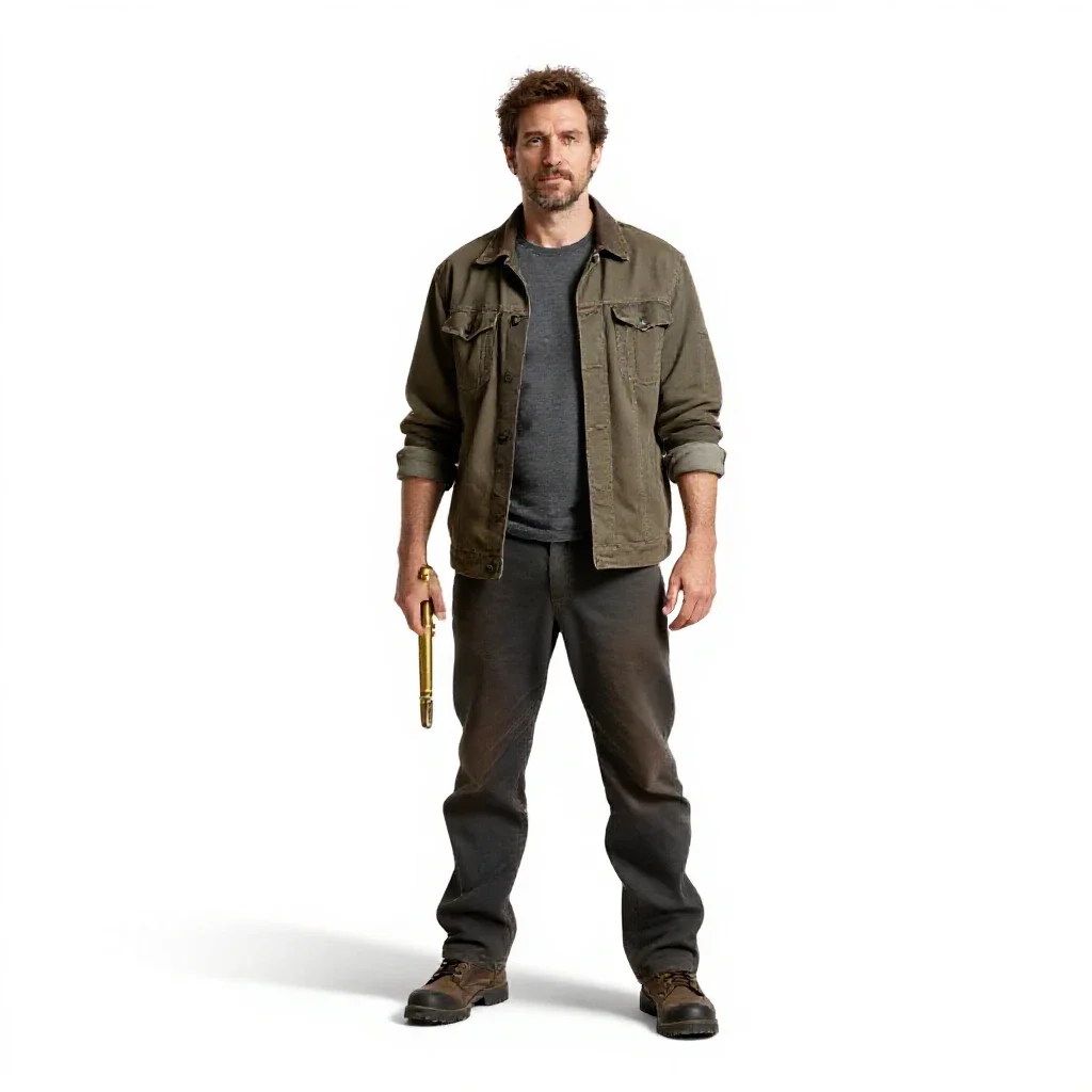 Golem-smith with brass tools isolated on a white background