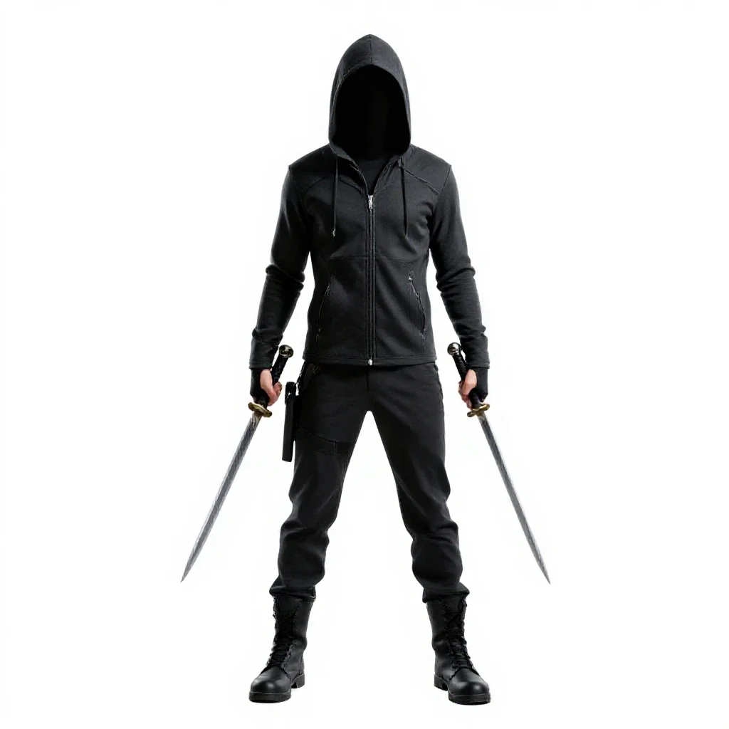 Hooded rogue with twin daggers isolated on a white background