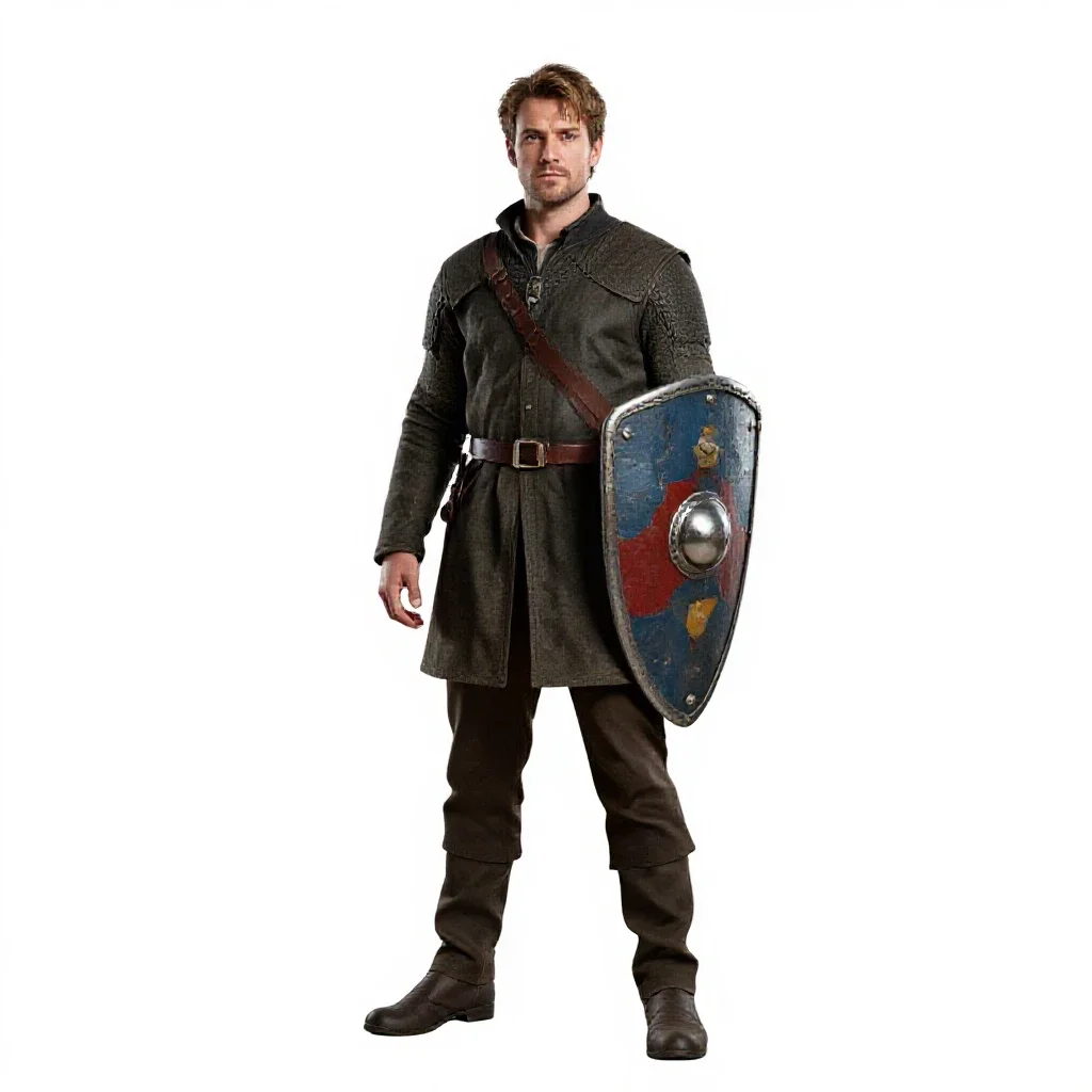 Knight errant with a battered shield isolated on a white background