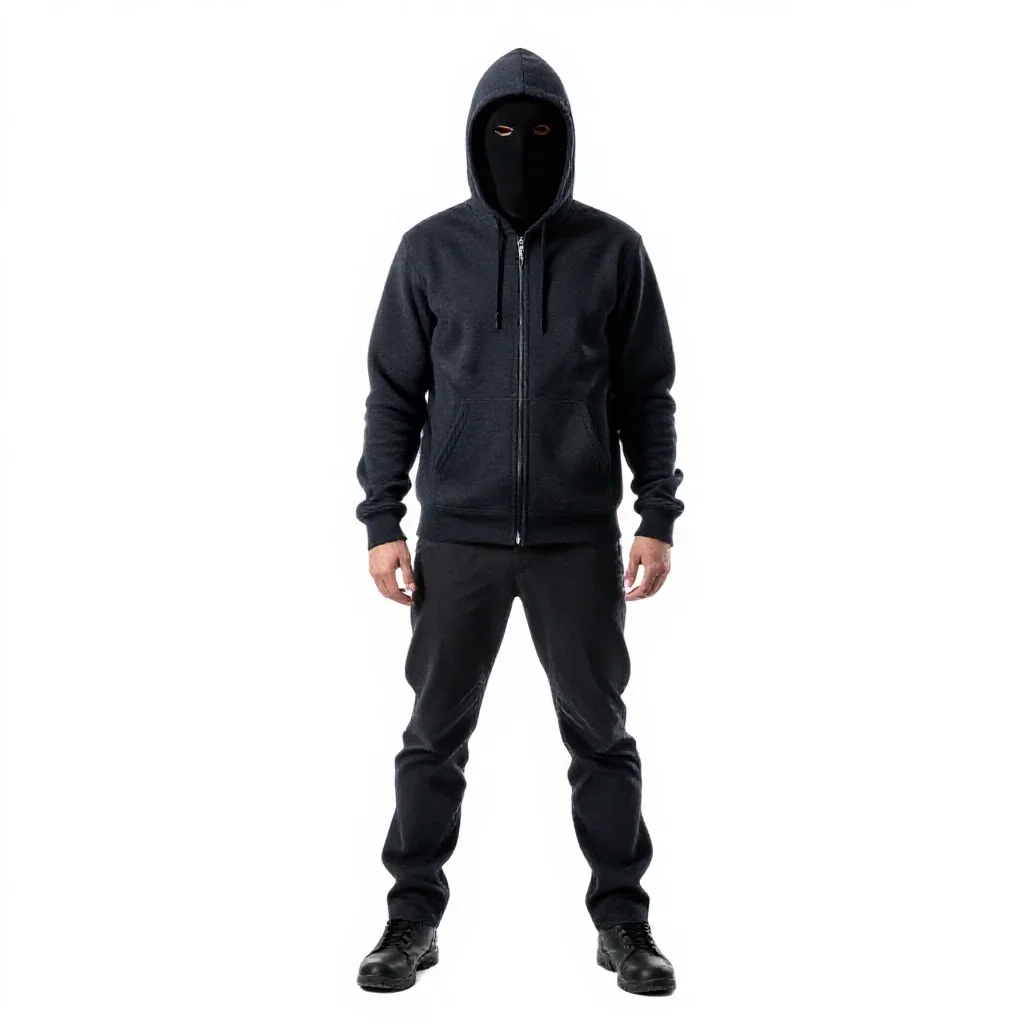 Masked assassin in dark cloth isolated on a white background