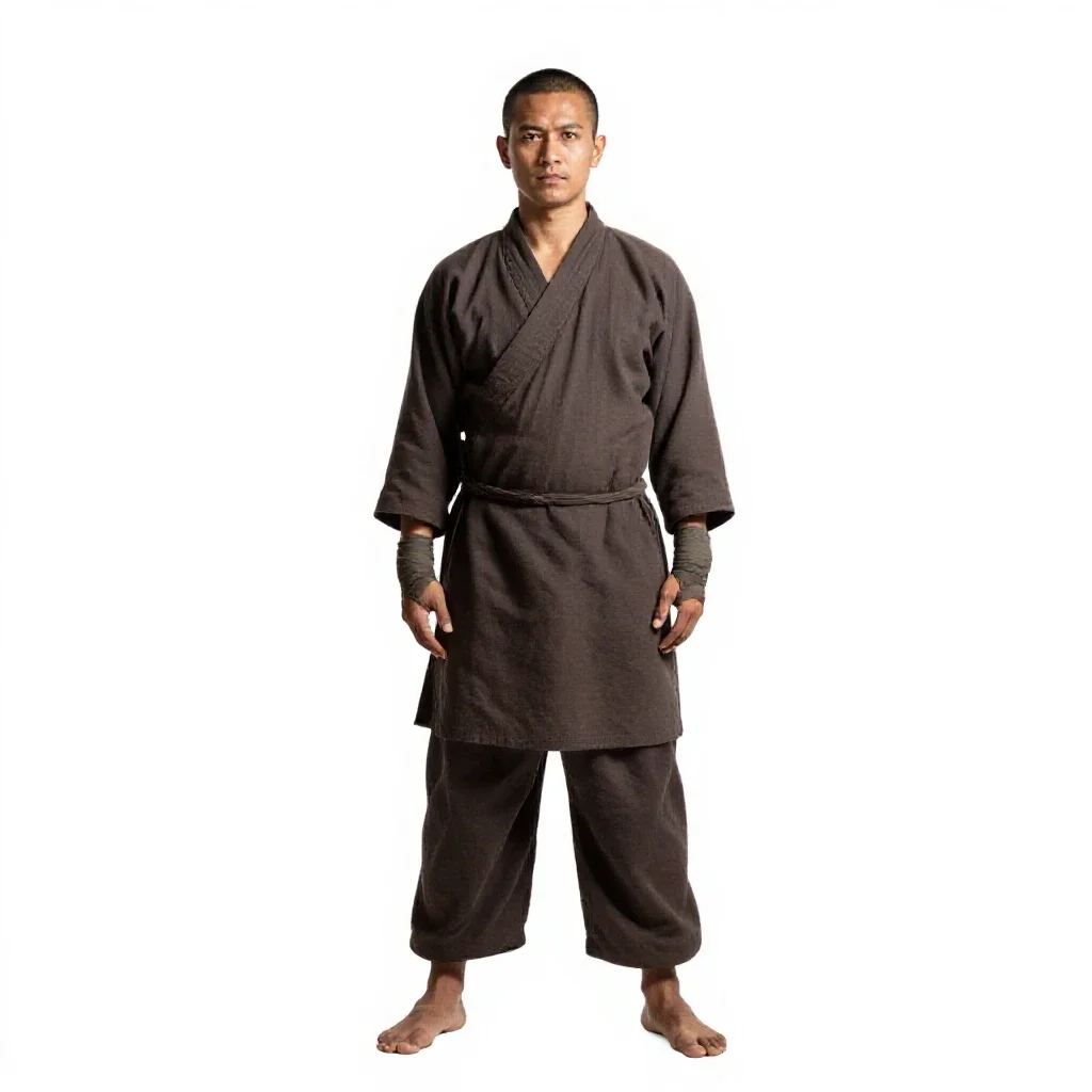 Monastic warrior with wrapped hands isolated on a white background