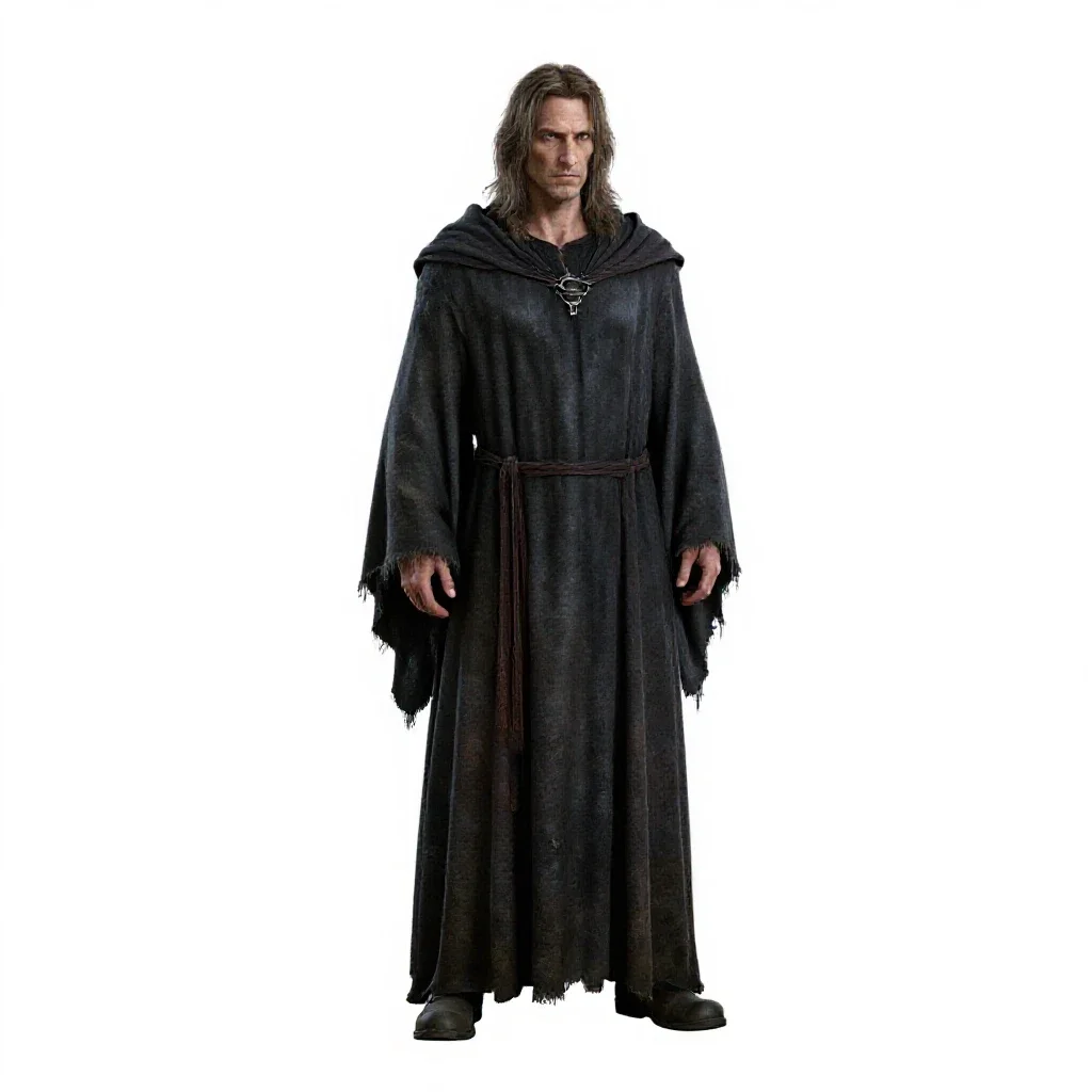 Necromancer in tattered robes isolated on a white background