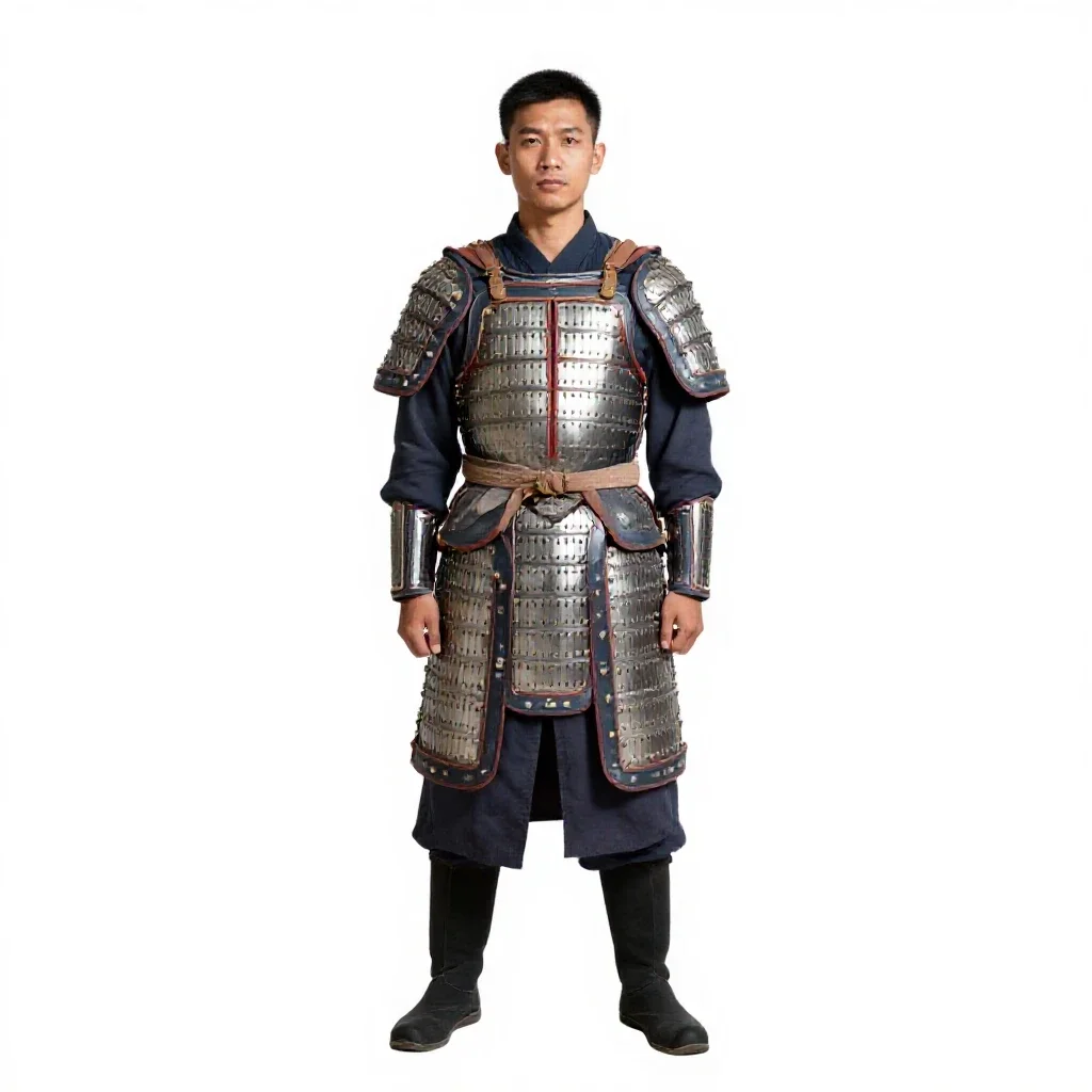 Temple guardian in ceremonial armour isolated on a white background