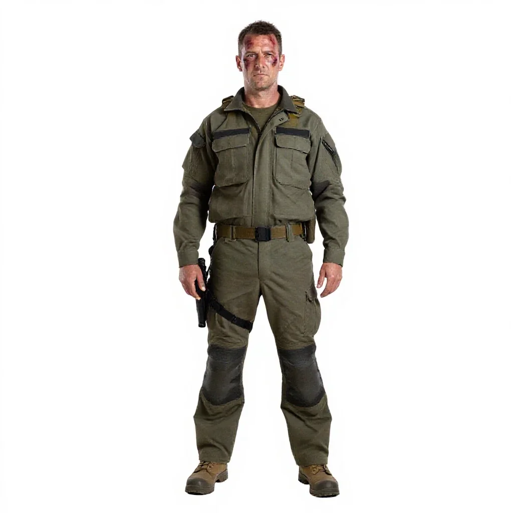 Veteran mercenary with a scarred face isolated on a white background