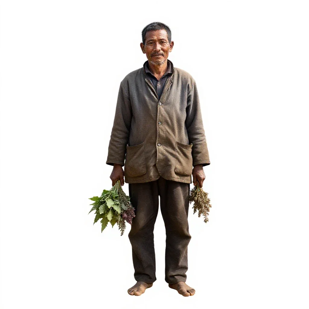 Village healer with herb bundles isolated on a white background