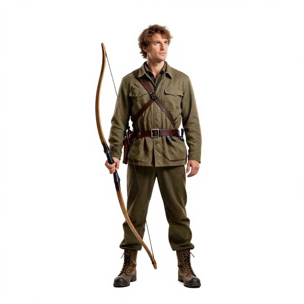 Wandering forest ranger with a longbow isolated on a white background