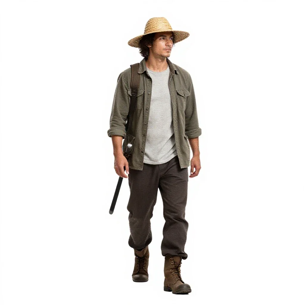 Wandering swordsman in a straw hat isolated on a white background