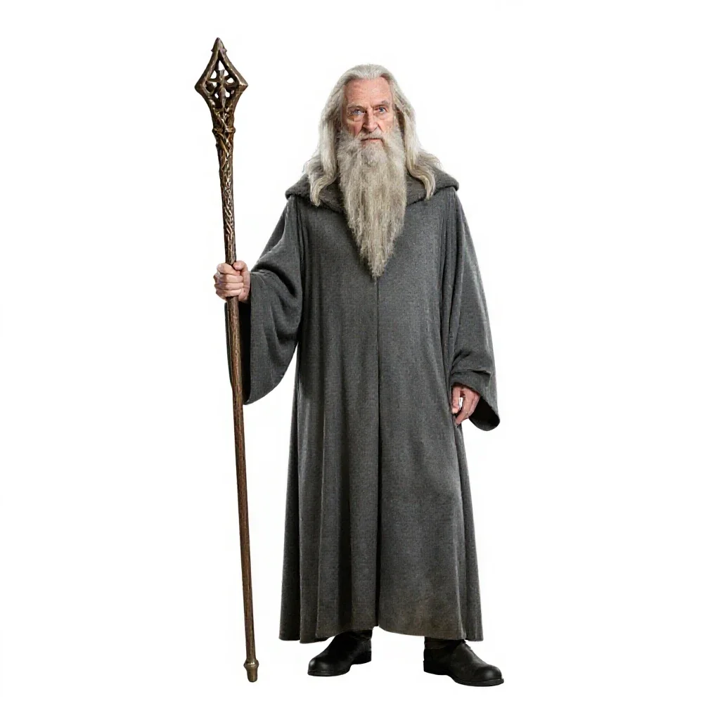 Elder wizard with a rune staff isolated on a white background