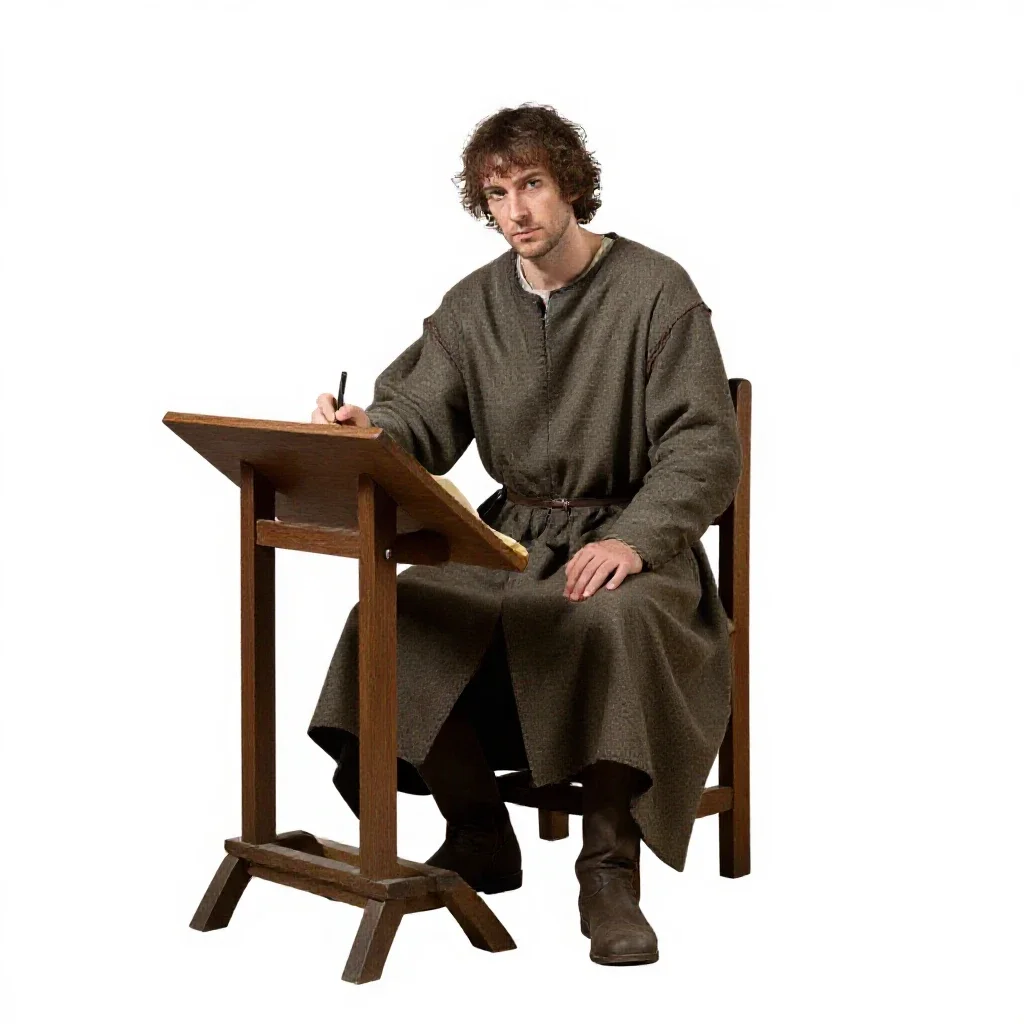 Mediaeval scribe at a lectern isolated on a white background
