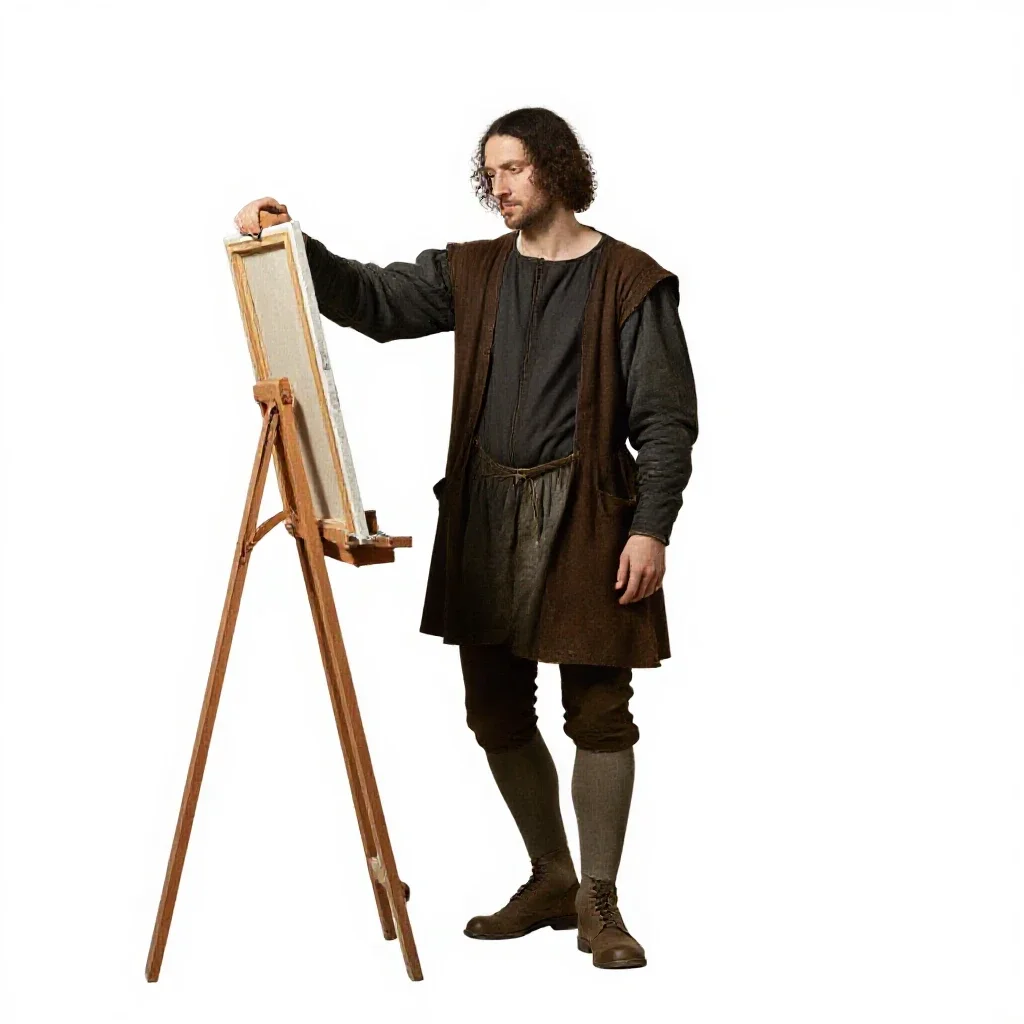 Renaissance painter at an easel isolated on a white background
