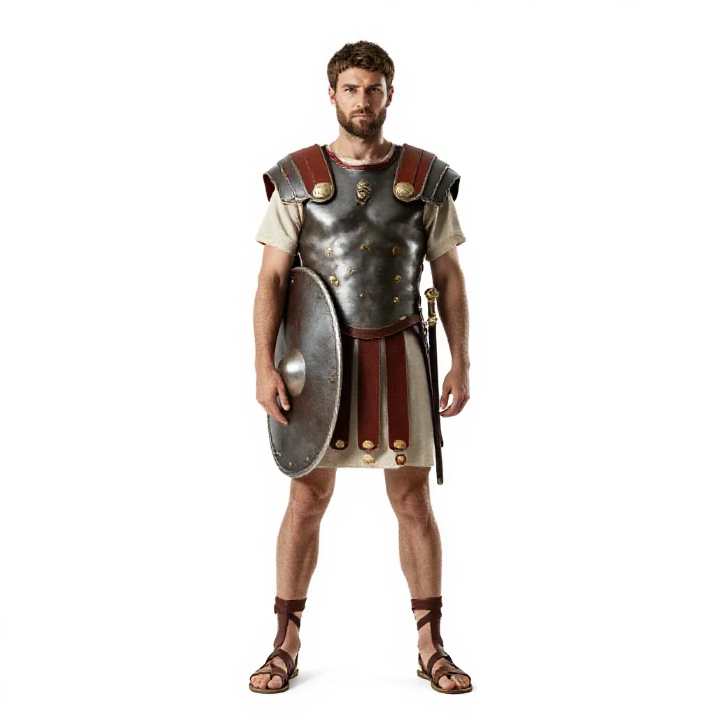 Roman legionary with a scutum isolated on a white background