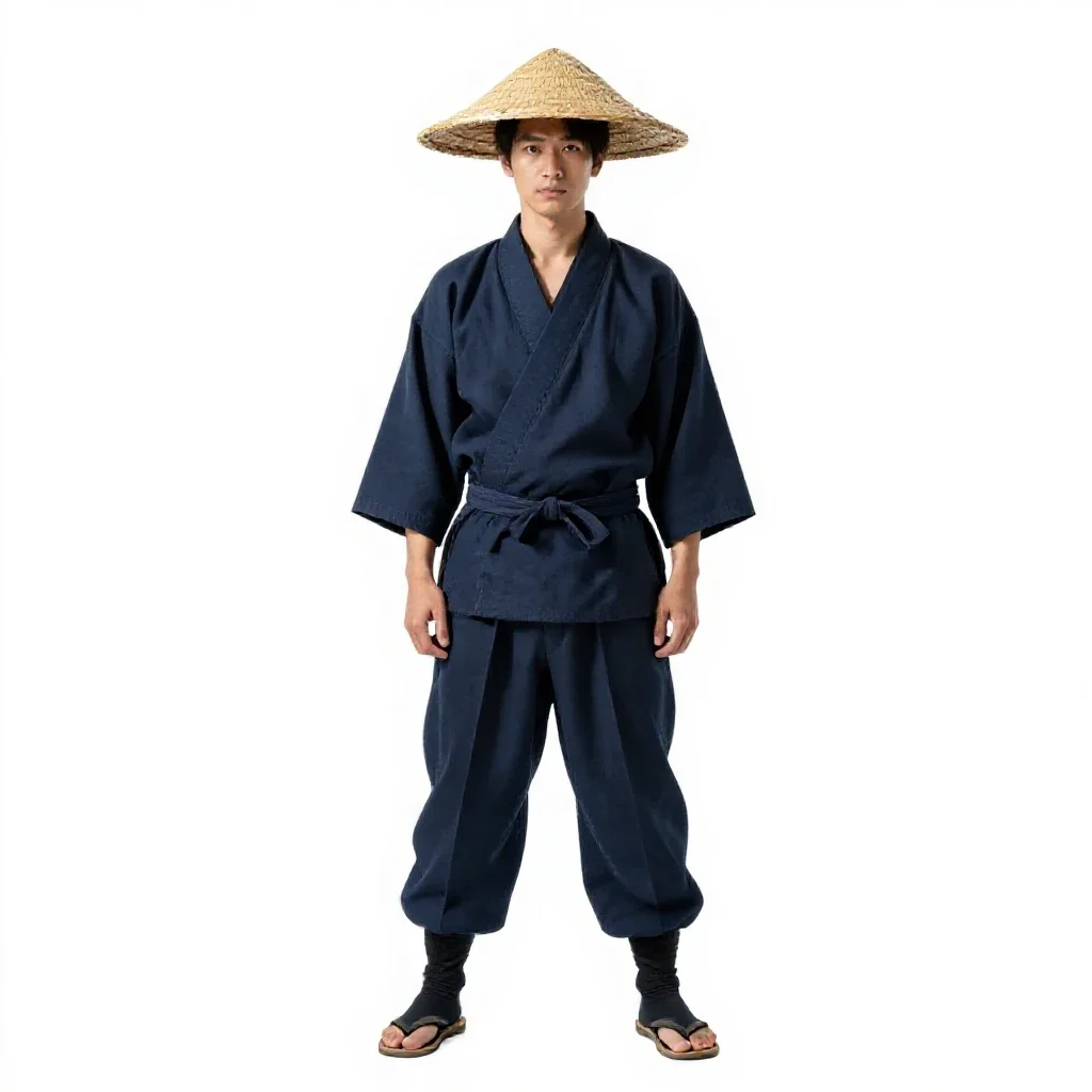 Ronin with a straw hat isolated on a white background