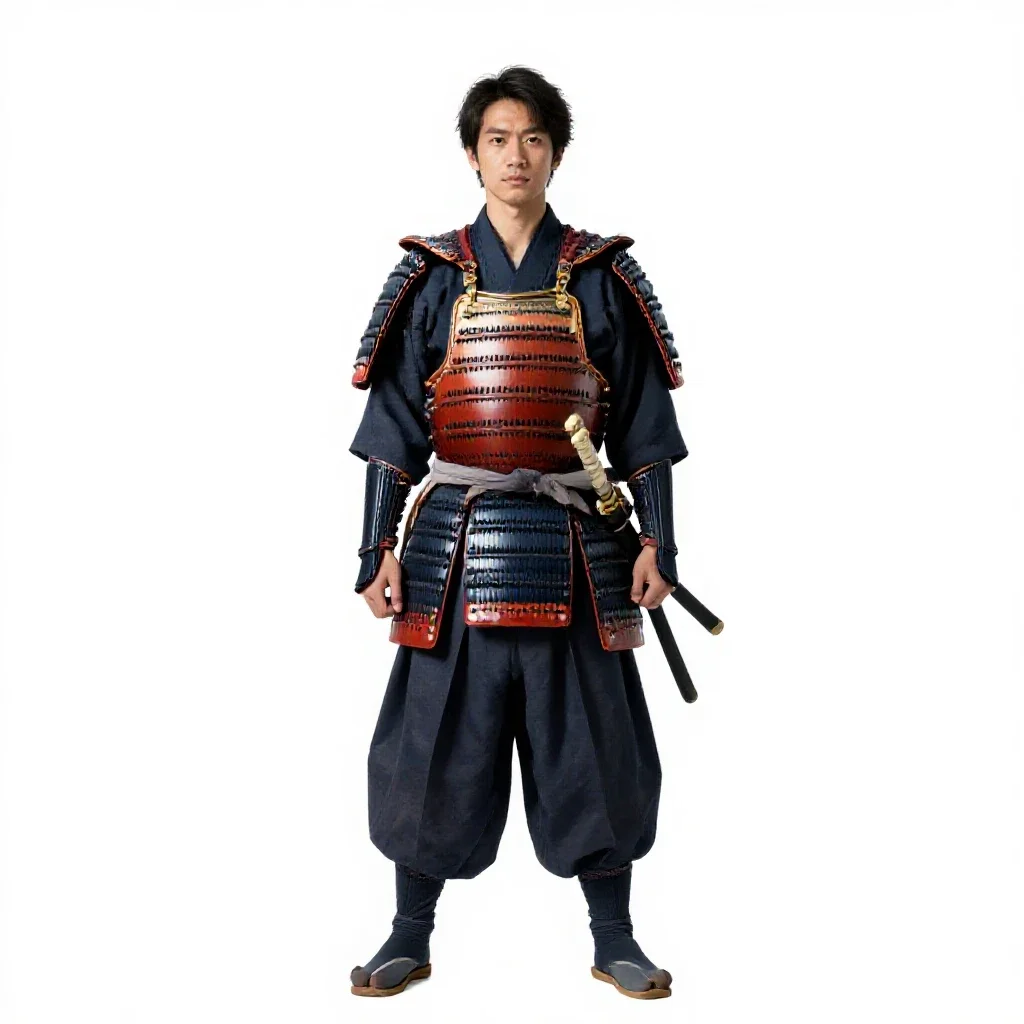 Samurai in lacquered armour isolated on a white background