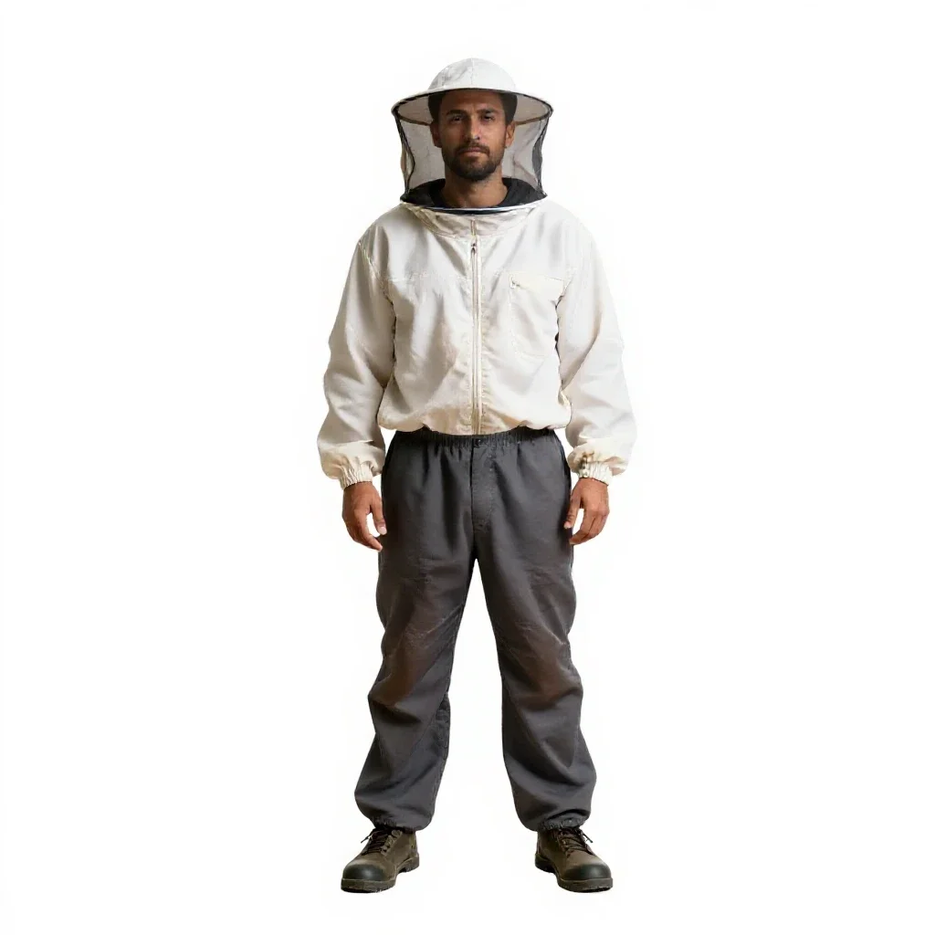 Beekeeper in a veiled suit isolated on a white background
