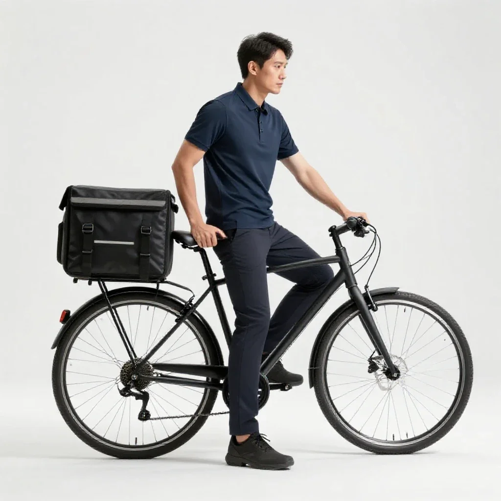 Bicycle courier with a messenger bag isolated on a white background