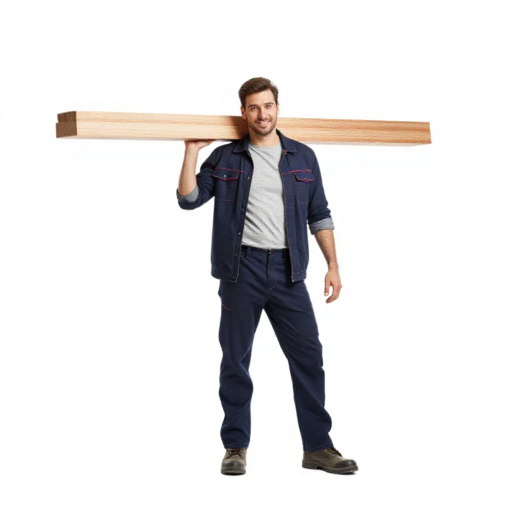 Carpenter shouldering timber isolated on a white background