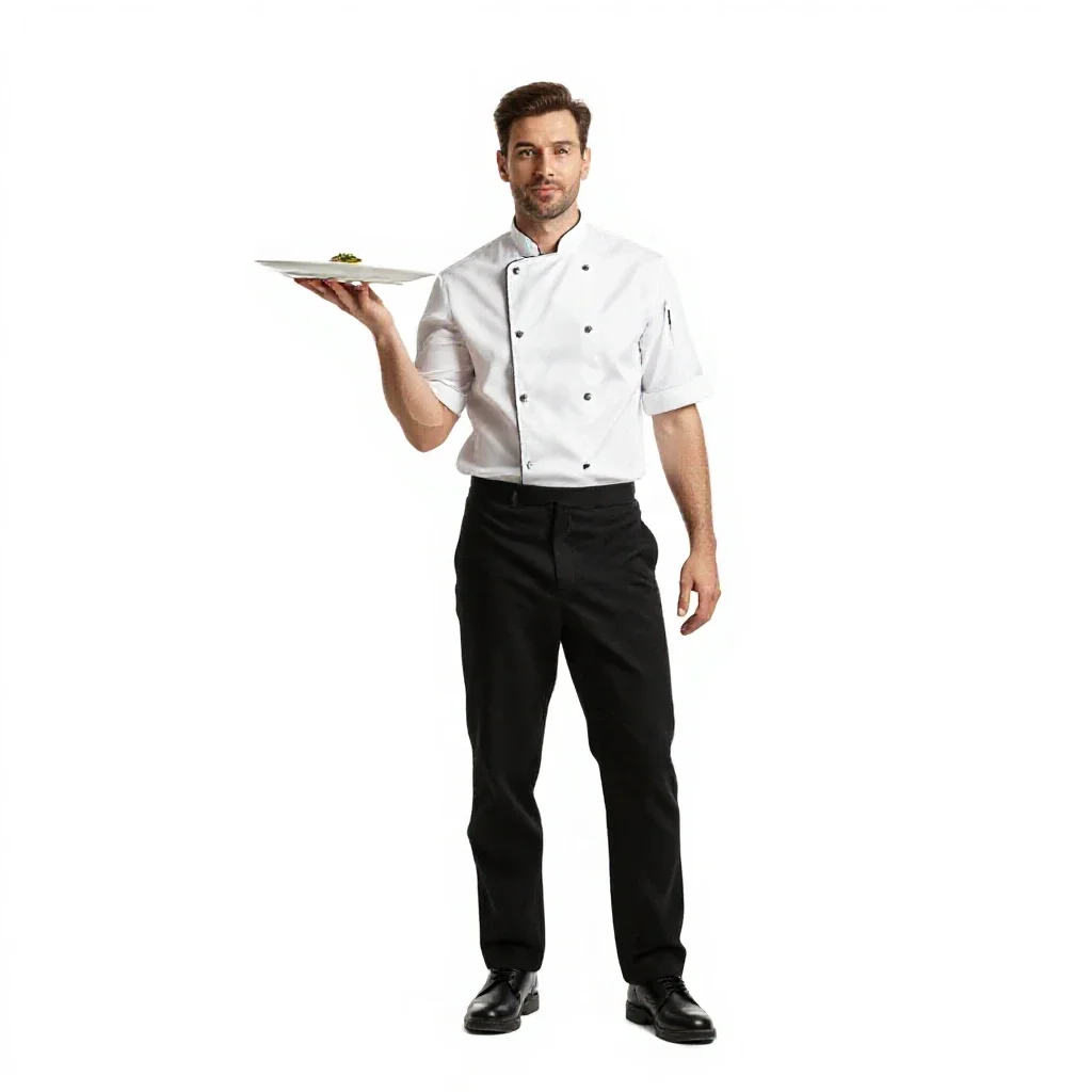 Chef plating a dish isolated on a white background