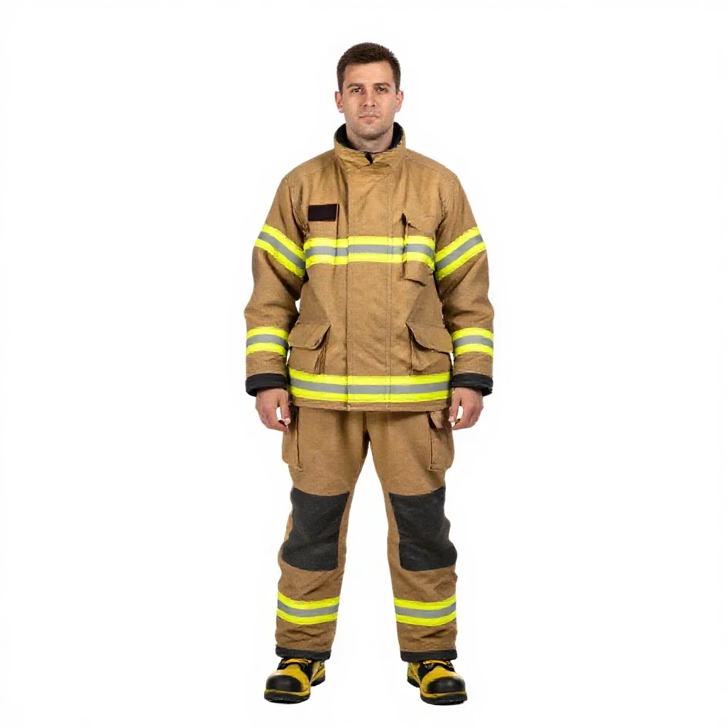 Firefighter in turnout gear isolated on a white background