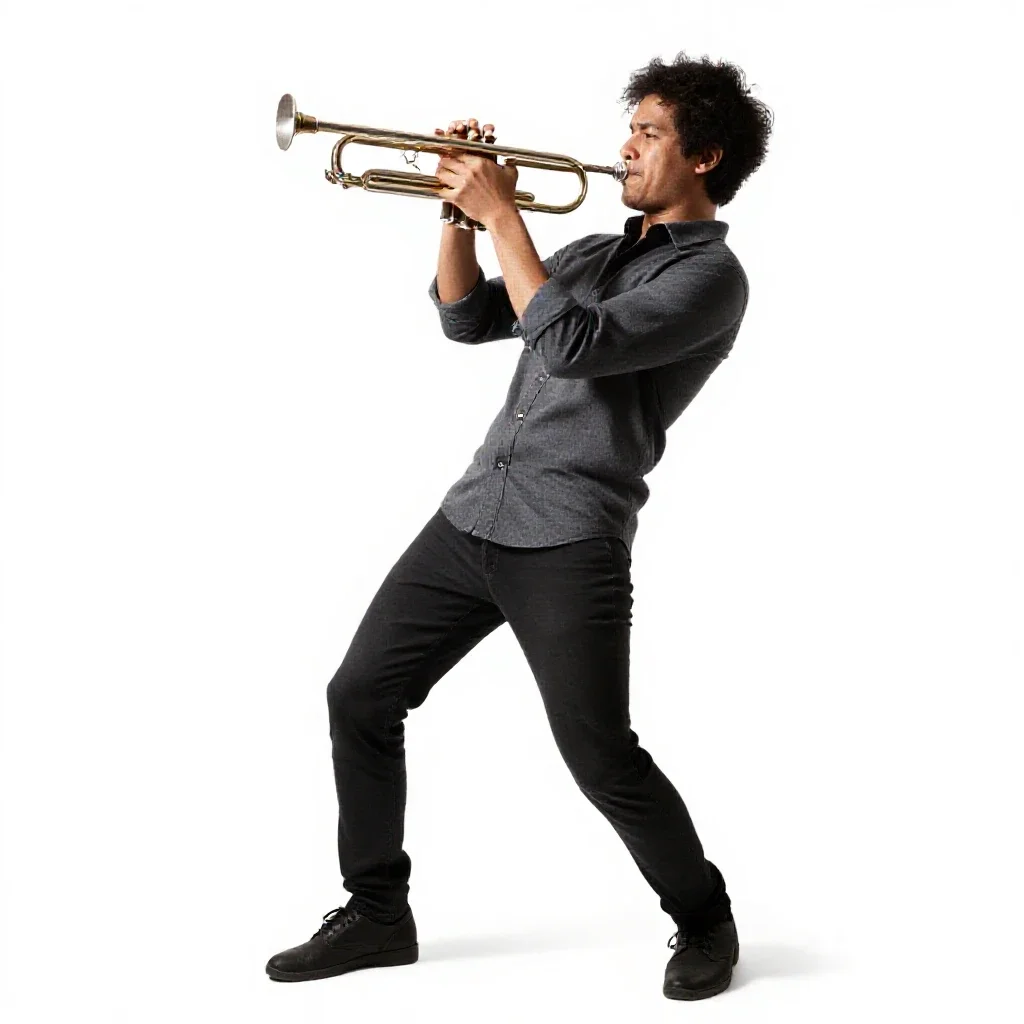 Jazz trumpeter mid-performance isolated on a white background