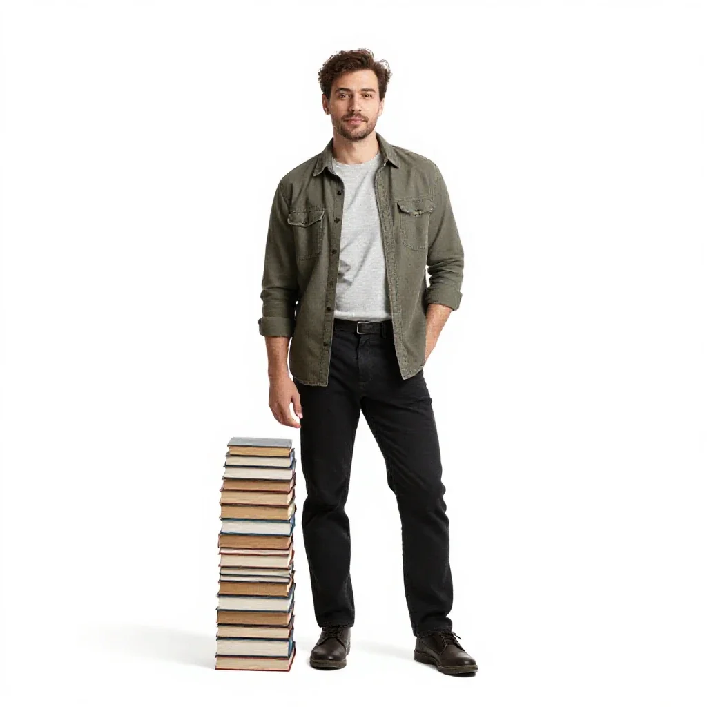 Librarian with a stack of books isolated on a white background