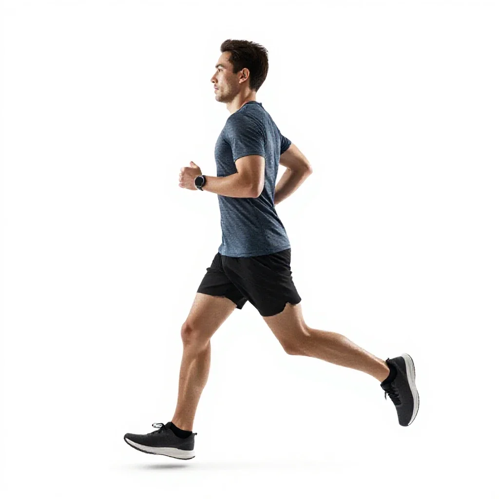 Long-distance runner mid-stride isolated on a white background