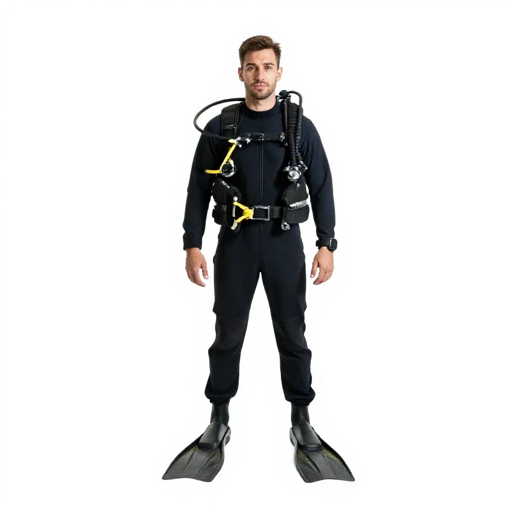 Rescue diver with fins isolated on a white background