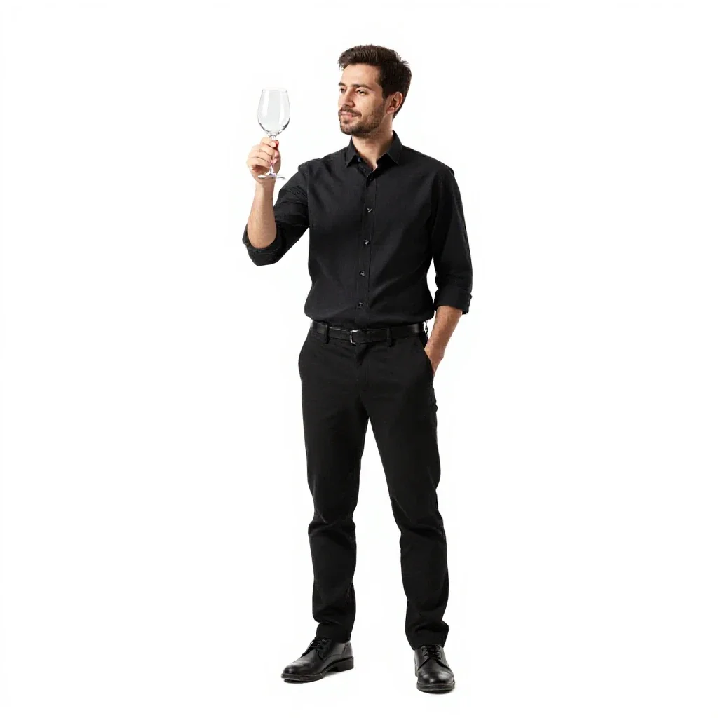 Sommelier examining a glass isolated on a white background