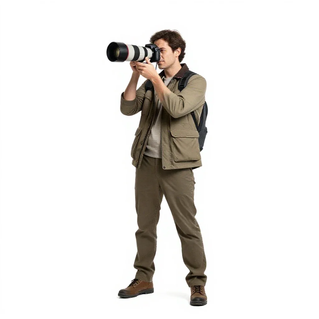 Wildlife photographer with a long lens isolated on a white background