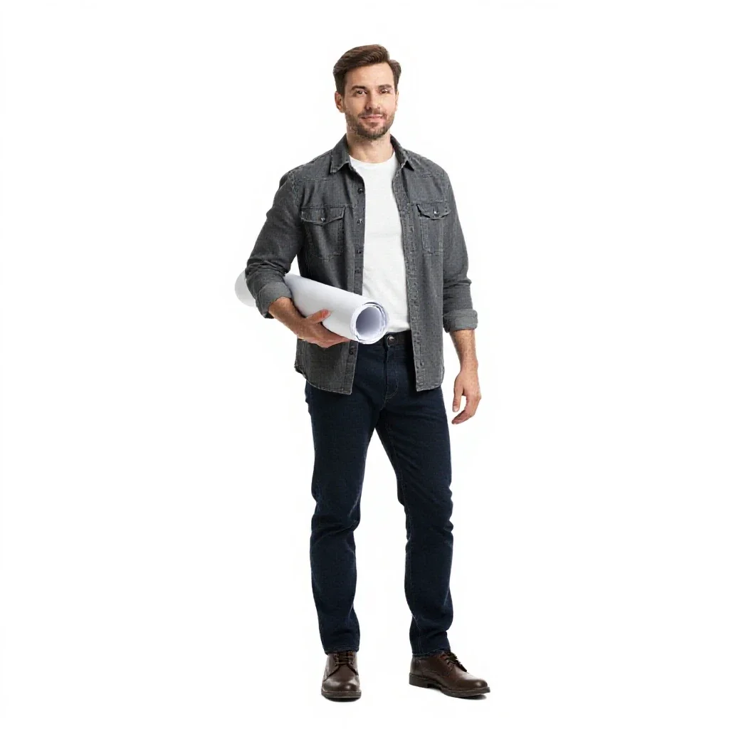 Architect carrying rolled plans isolated on a white background