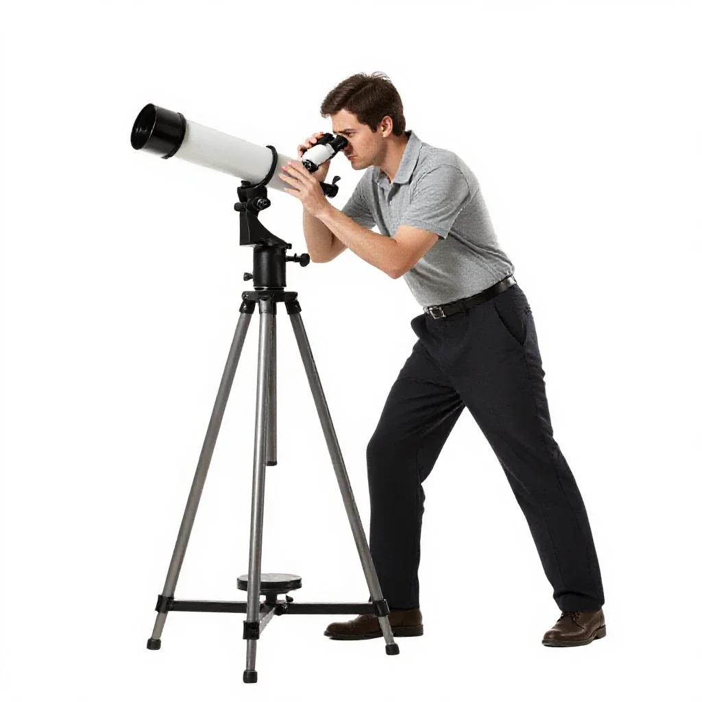 Astronomer at a telescope eyepiece isolated on a white background