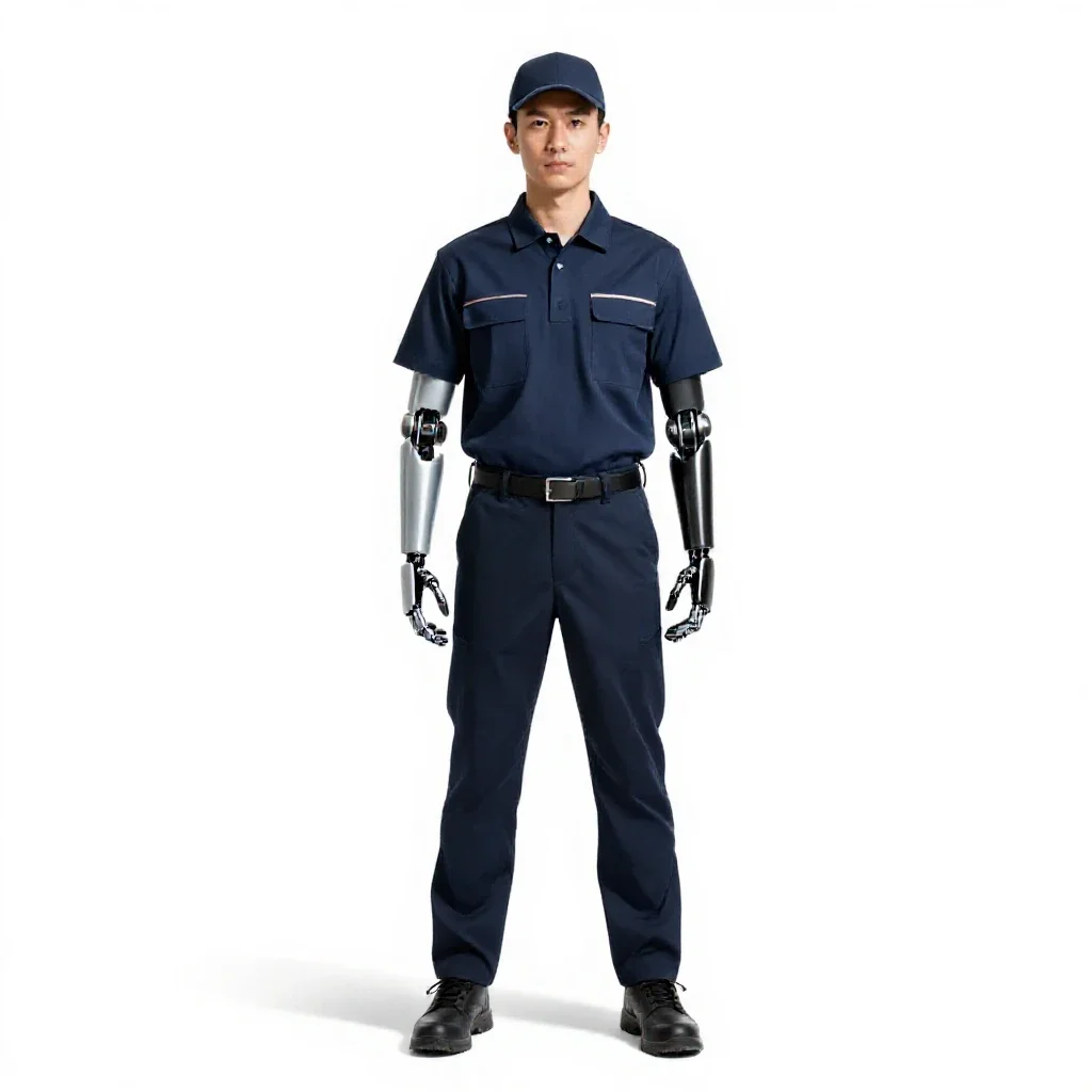 Courier with a cybernetic arm isolated on a white background