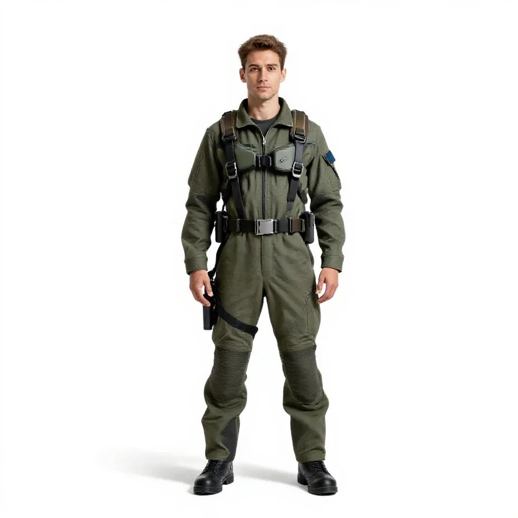 Mech pilot in a flight harness isolated on a white background