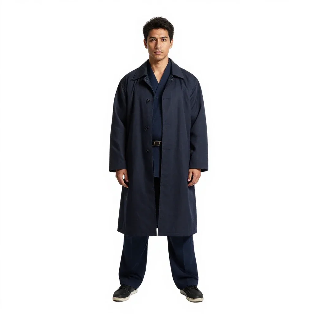 Street samurai in a long coat isolated on a white background