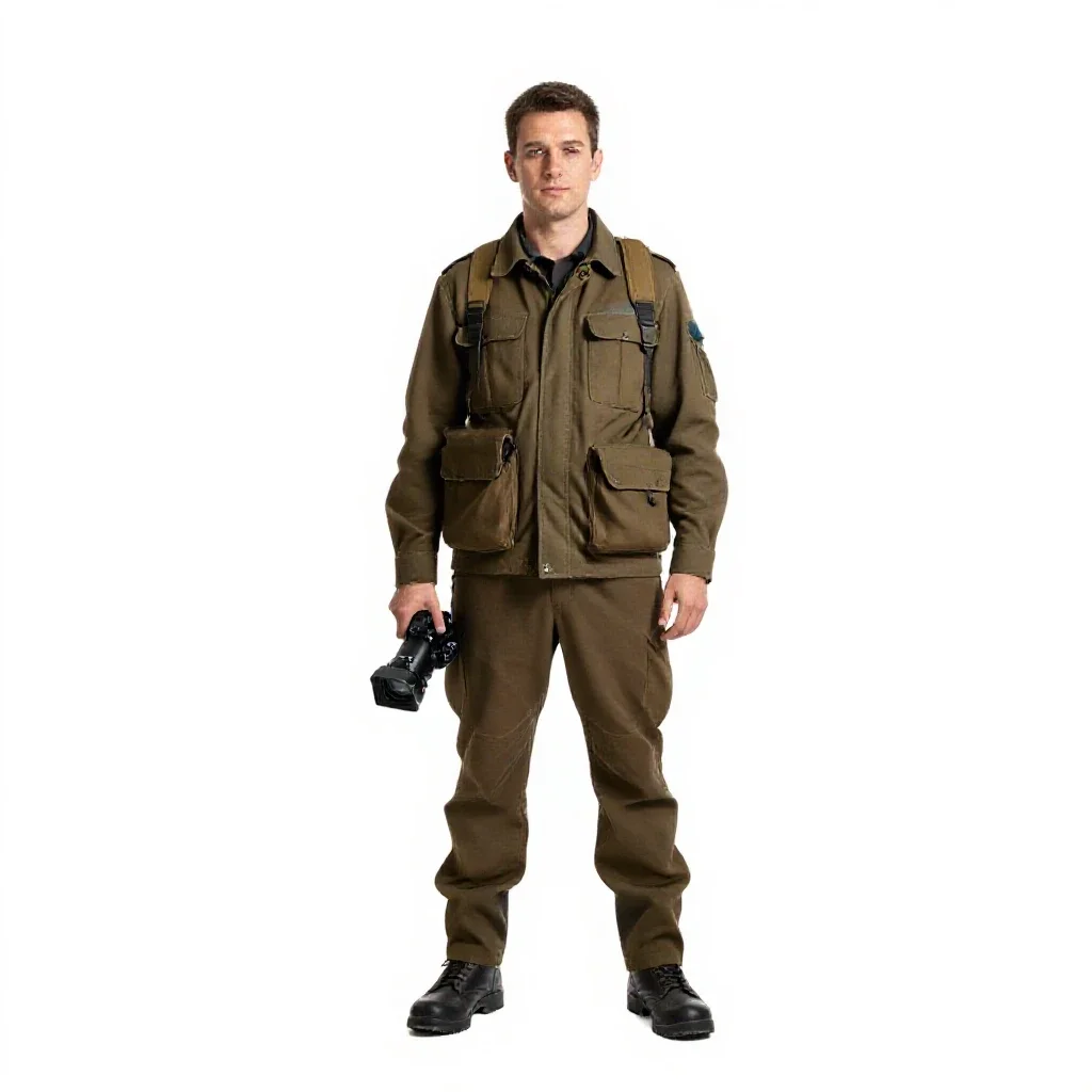 War correspondent with a hovering camera isolated on a white background