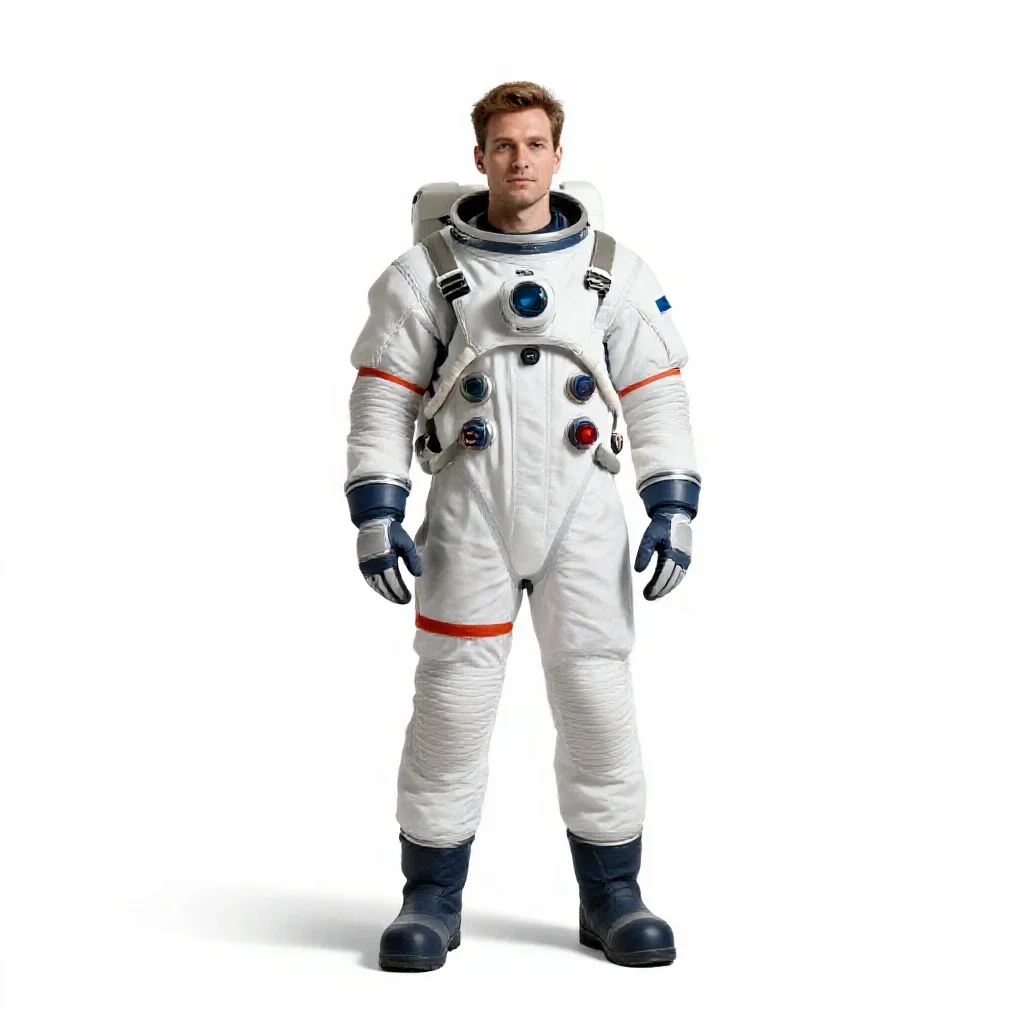 Orbital station engineer in a pressure suit isolated on a white background