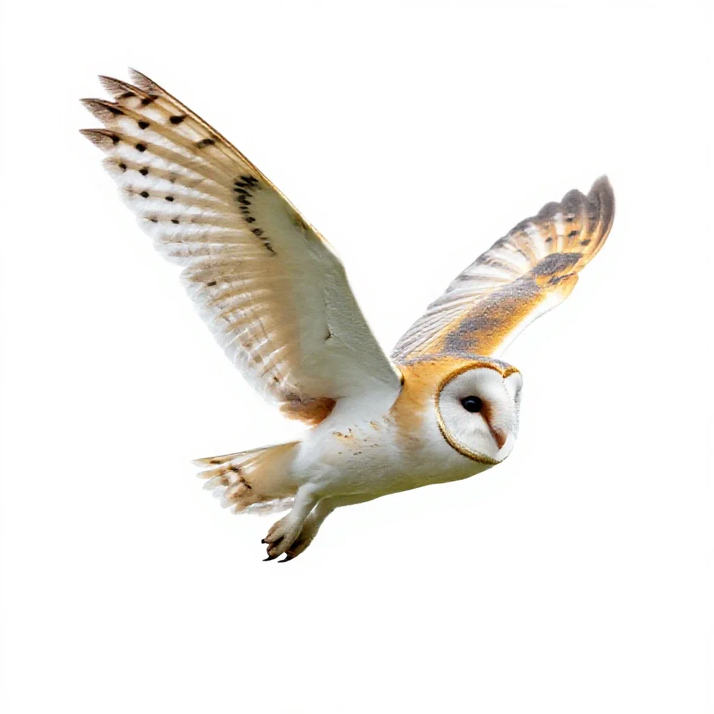 Barn owl in flight isolated on a white background