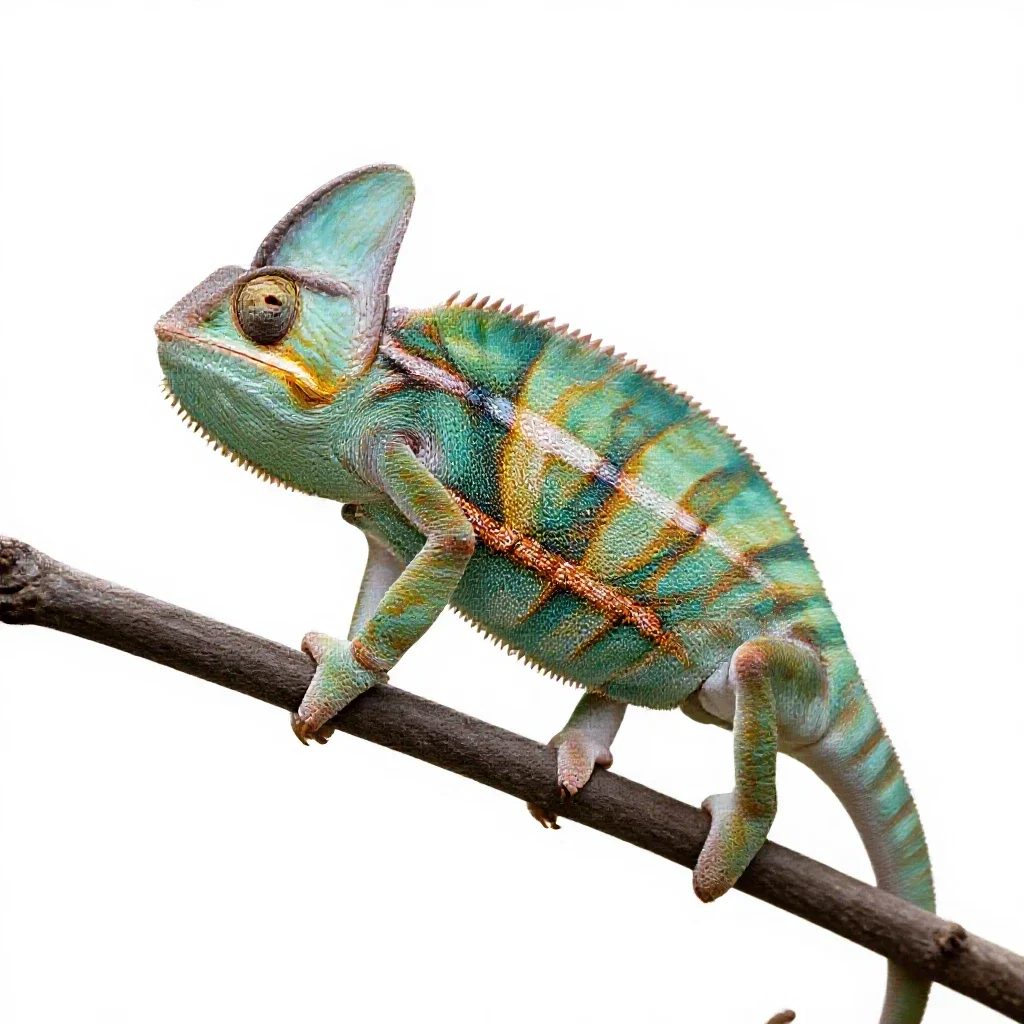 Chameleon on a branch isolated on a white background