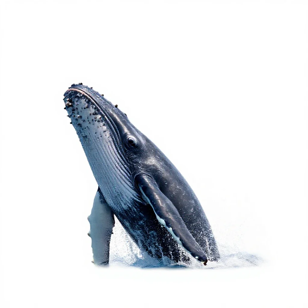 Humpback whale breaching isolated on a white background