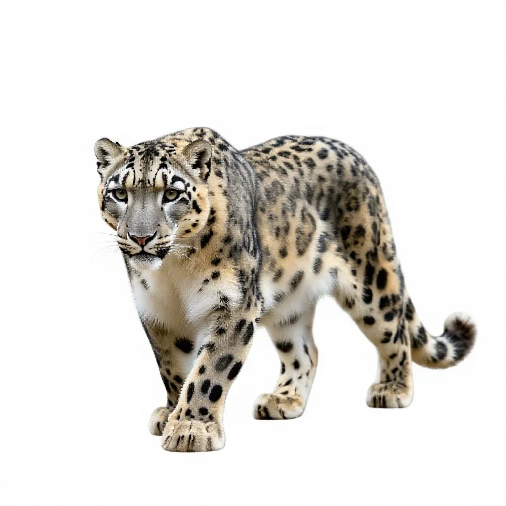 Snow leopard mid-prowl isolated on a white background